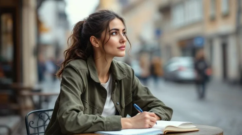 Person mit Notizbuch vor dem Halleschen Stadtbild beim Lernen