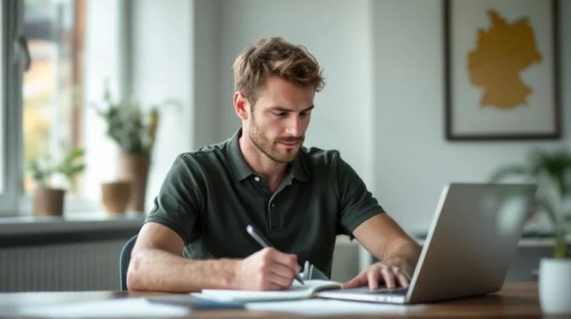 Mann bereitet sich auf eine IHK-Pruefung vor, Lernmaterialien auf dem Tisch