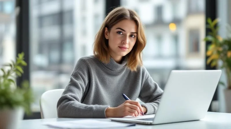 Frau lernt am Laptop in einem modernen Coworking Space in Halle an der Saale