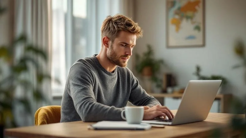 Mann arbeitet konzentriert am Laptop in einem hellen Arbeitsraum in Halle